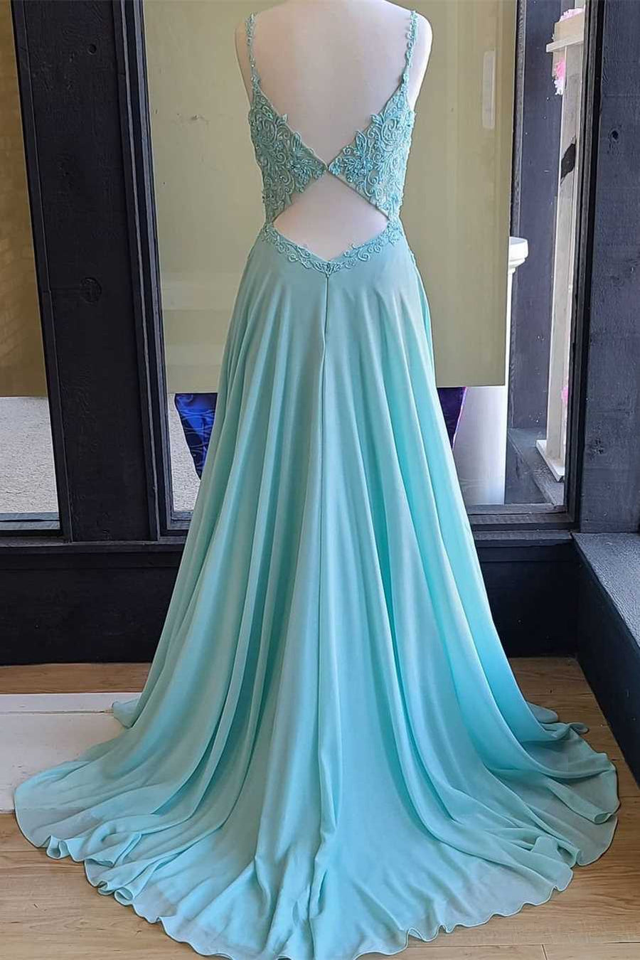 A-line Mint Green Appliques Chiffon Long Prom Dress