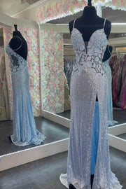 Straps Light Blue Sequins Appliques Long Formal Dress