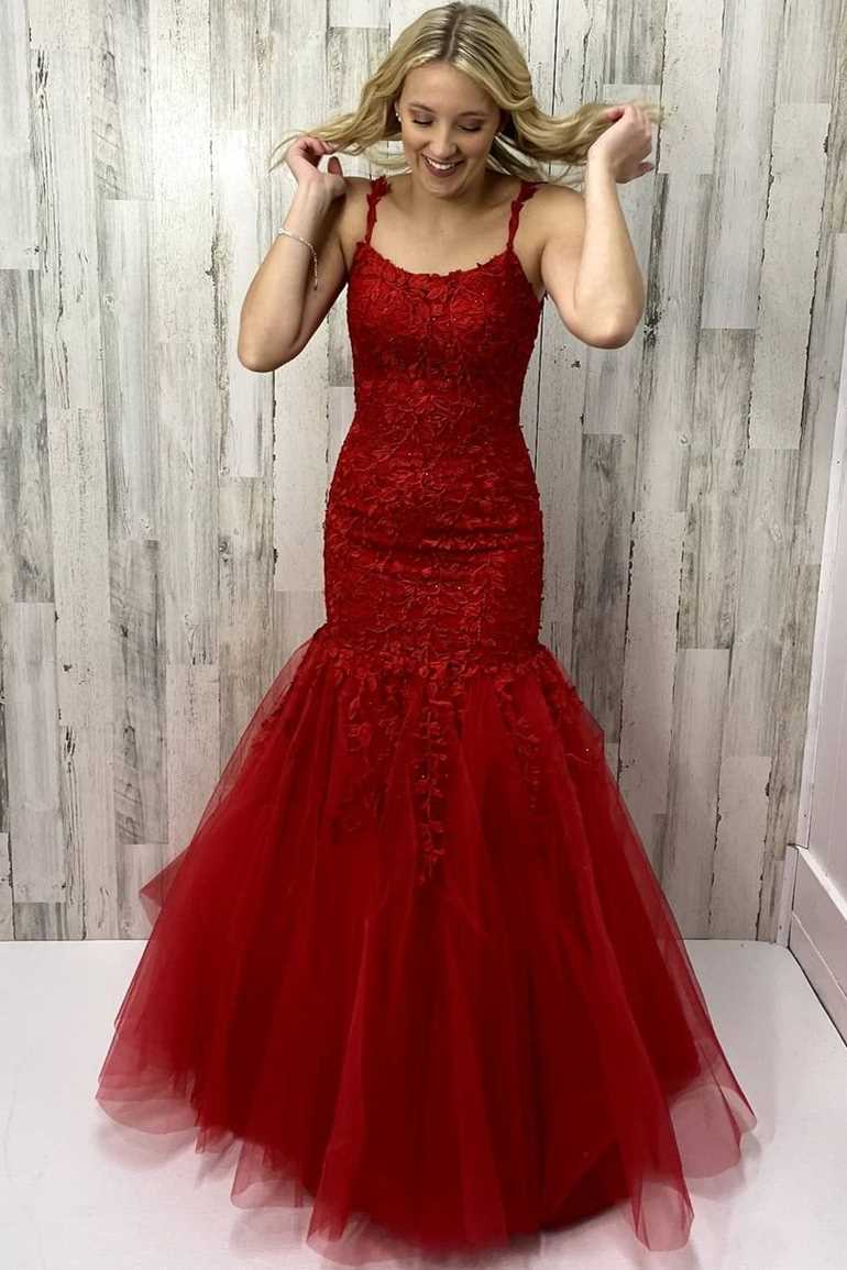 Trumpet Wine Red Appliques Long Formal Dress