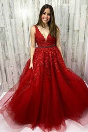 Wine Red A-line Lace Appliques Long Prom Dress