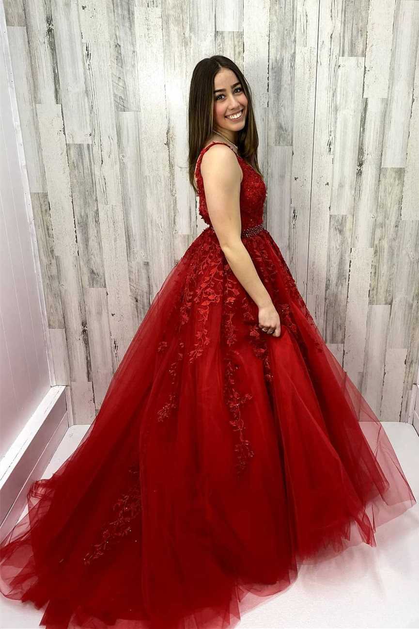 Wine Red A-line Lace Appliques Long Prom Dress