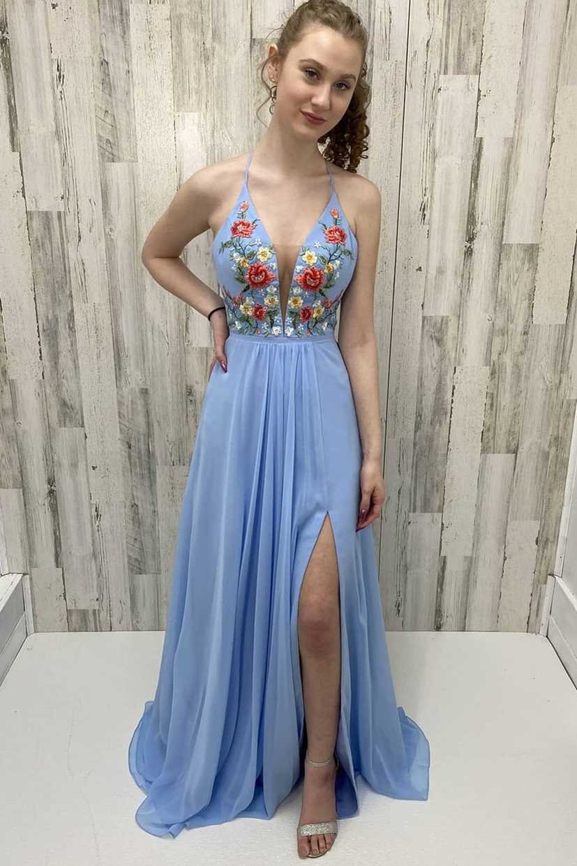 Blue Chiffon Floral Appliques Long Prom Dress