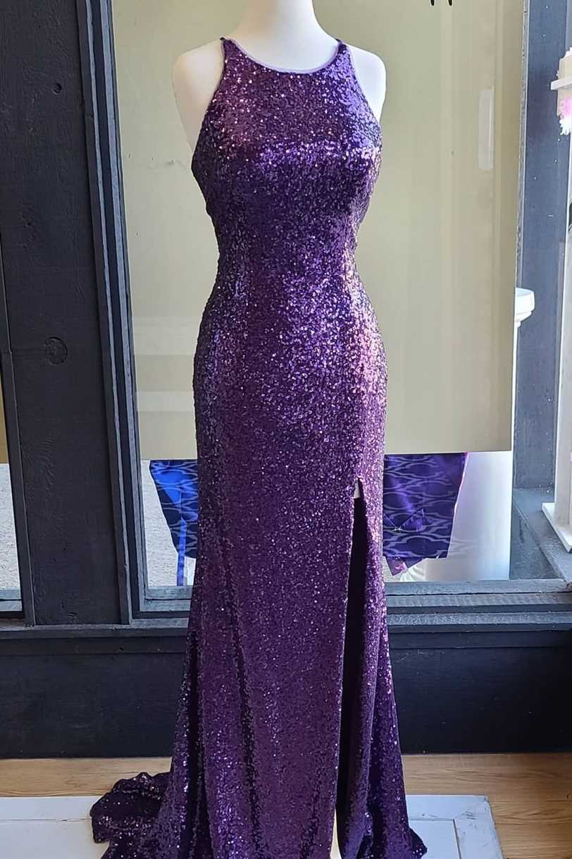 Purple Sequins Mermaid Scoop Long Formal Dress