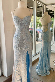 Light Blue Sequins and Flower Mermaid Long Formal Dress