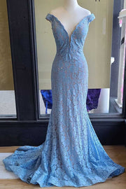 Off the Shoulder Light Blue Lace Long Prom Dress