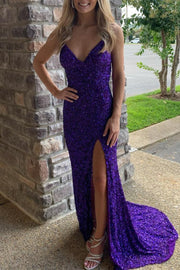 Mermaid Purple Sequins Long Formal Dress with Slit