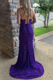 Mermaid Purple Sequins Long Formal Dress with Slit