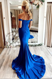 Simple Royal Blue Mermaid Off the Shoulder Long Formal Dress