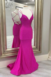 Elegant Hot Pink Beaded Mermaid Long Prom Dress