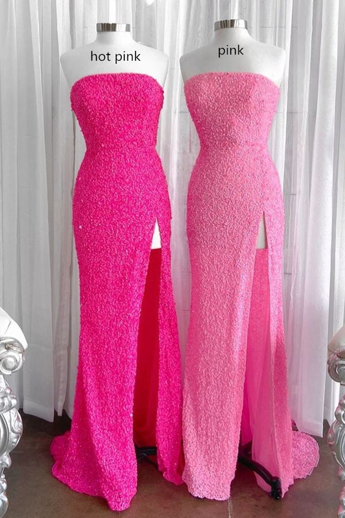 Strapless Hot Pink Sequins Mermaid Long Formal Dress