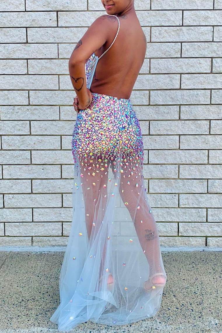 Sexy See Through Beaded White Long Formal Dress