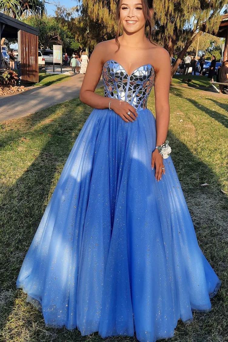 Sweetheart Blue Broken Mirrors A-line Long Prom Gown