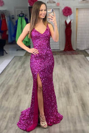 Fuchsia Sequins V Neck Mermaid Long Formal Dress