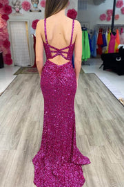 Fuchsia Sequins V Neck Mermaid Long Formal Dress