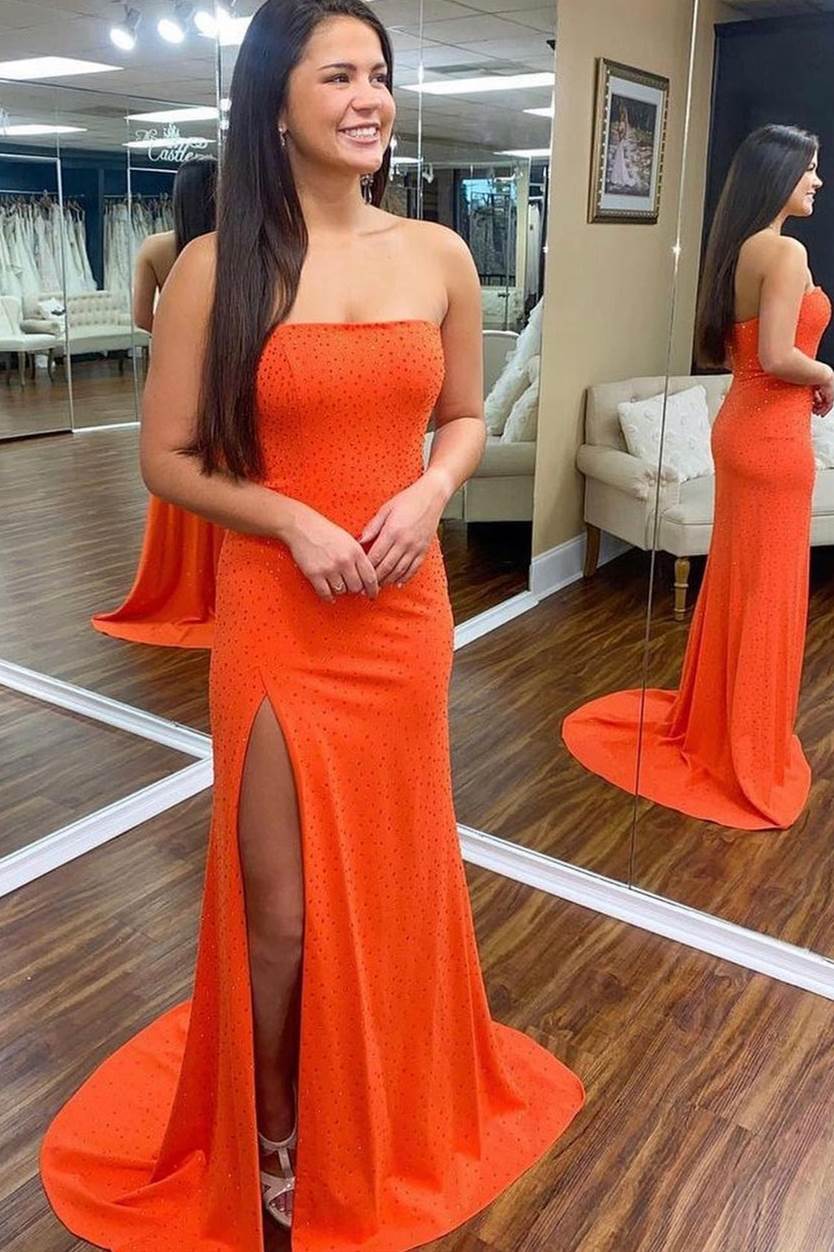 Mermaid Orange Strapless Sequins Long Prom Dress