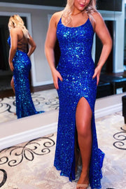 Royal Blue Sequins Mermaid Long Prom Dress with Slit