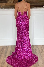 Straps Fuchsia Sequins Mermaid Long Prom Dress