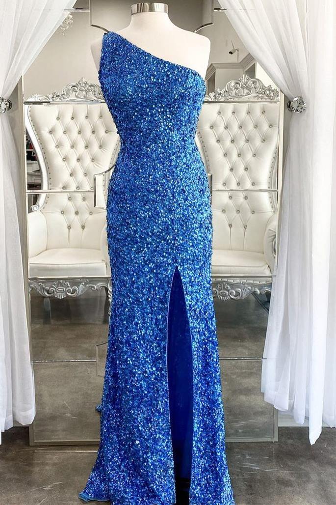 One Shoulder Blue Sequins Mermaid Long Formal Dress