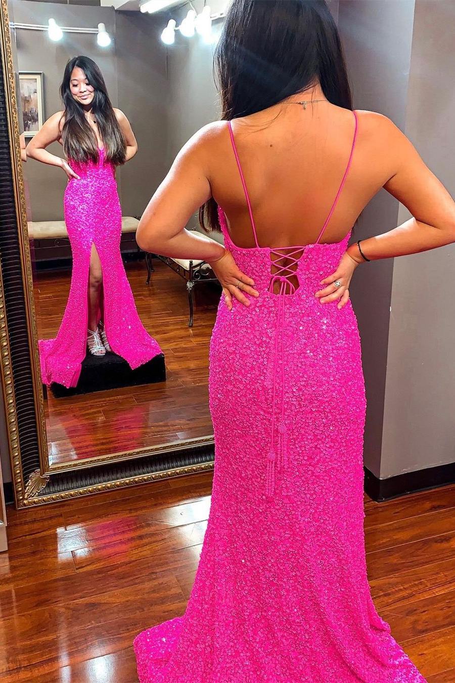 Straps Hot Pink Sequins Mermaid Long Prom Dress