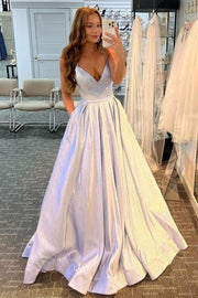A-line Silver Straps Long Prom Dress with Pockets