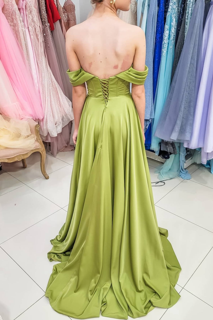 Olive Green Off-the-shoulder High Slit Prom Dress