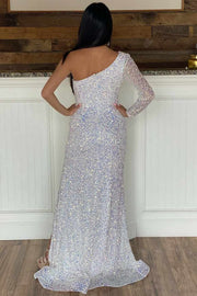 Silver Sequin One-Shoulder Side Slit Mermaid Long Formal Dress