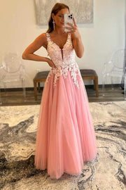 Rose Lace Embroidered Backless A-Line Prom Dress