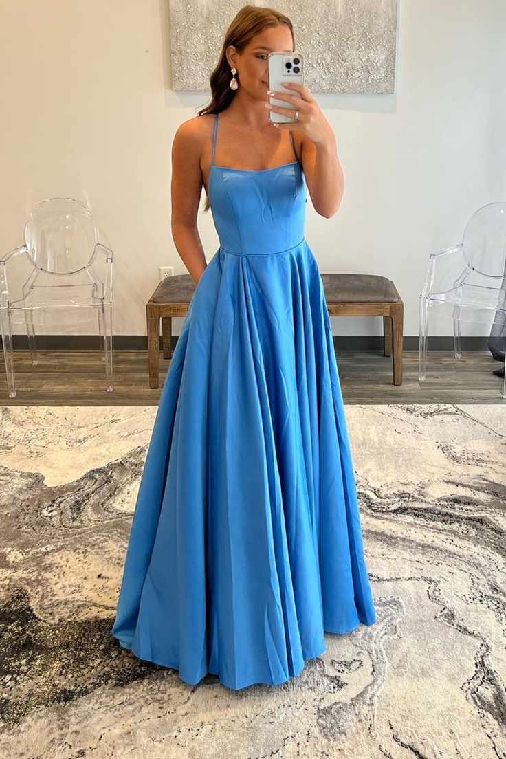 Simple Blue Strapless Lace-Up A-Line Prom Dress