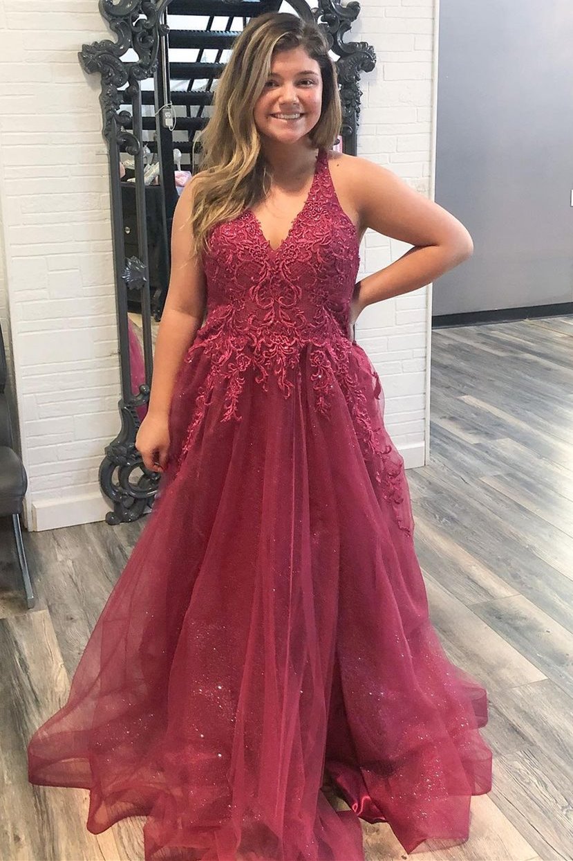 Raspberry Lace Embroidered Sleeveless A-Line Prom Dress