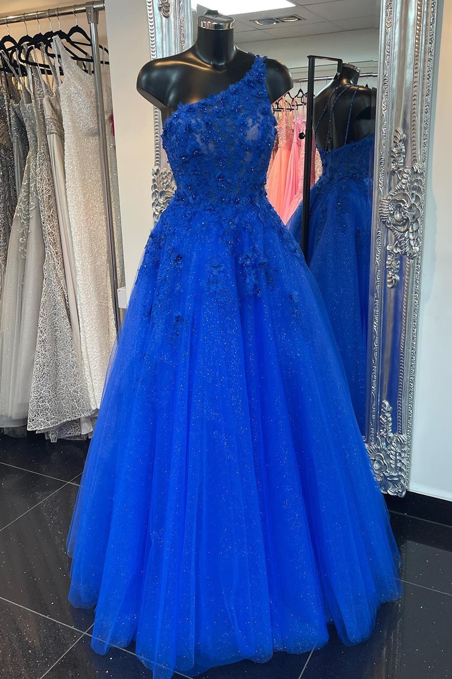 Royal Blue Tulle One-Shoulder 3D Floral Embroidered Prom Dress