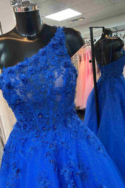 Royal Blue Tulle One-Shoulder 3D Floral Embroidered Prom Dress