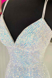 Silver Sequin V-Neck Empire Mermaid Long Prom Dress