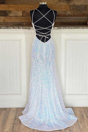 Silver Sequin V-Neck Empire Mermaid Long Prom Dress
