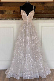 Light Champagne Sequin Lace A-Line Prom Dress