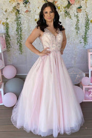 Pink Tulle Beaded Sleeveless A-Line Prom Dress