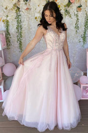 Pink Tulle Beaded Sleeveless A-Line Prom Dress