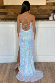 Iridescent White Sequin V-Neck Backless Mermaid Prom Dress