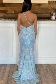 Light Blue Sequin One-Shoulder Mermaid Prom Dress