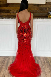 Red Cut Glass Mirrors V-Neck Backless Mermaid Dress