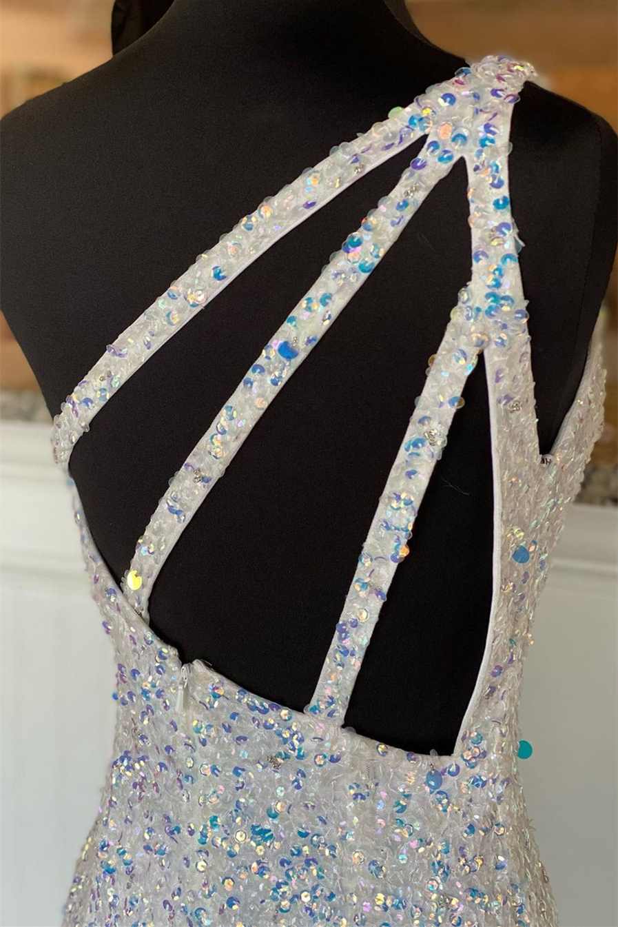 Iridescent White Sequin One-Shoulder Backless Mermaid Prom Dress