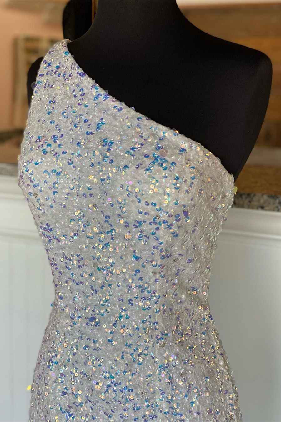 Iridescent White Sequin One-Shoulder Backless Mermaid Prom Dress