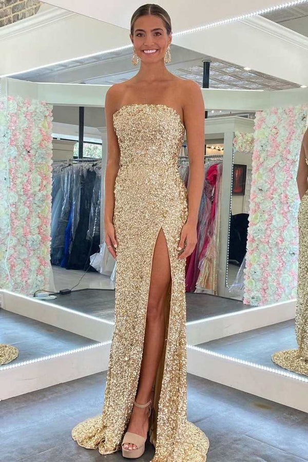 Gold Sequin Strapless Backless Mermaid Long Prom Dress with Slit Modsele Gold Sequin Strapless Backless Mermaid Long Prom Dress with Slit Modsele