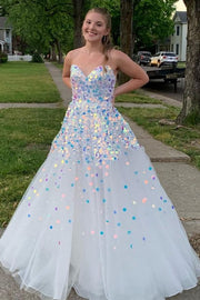 White Tulle Strapless Prom Gown with Round Sequins