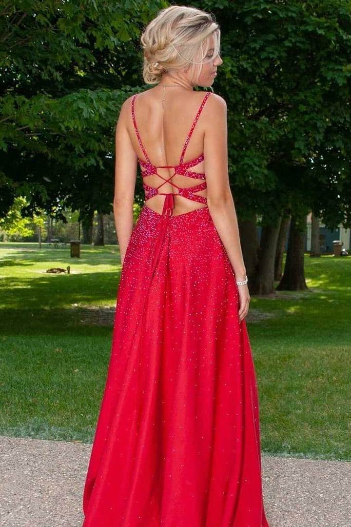 Red Satin V-Neck Lace-Up Back Prom Dress