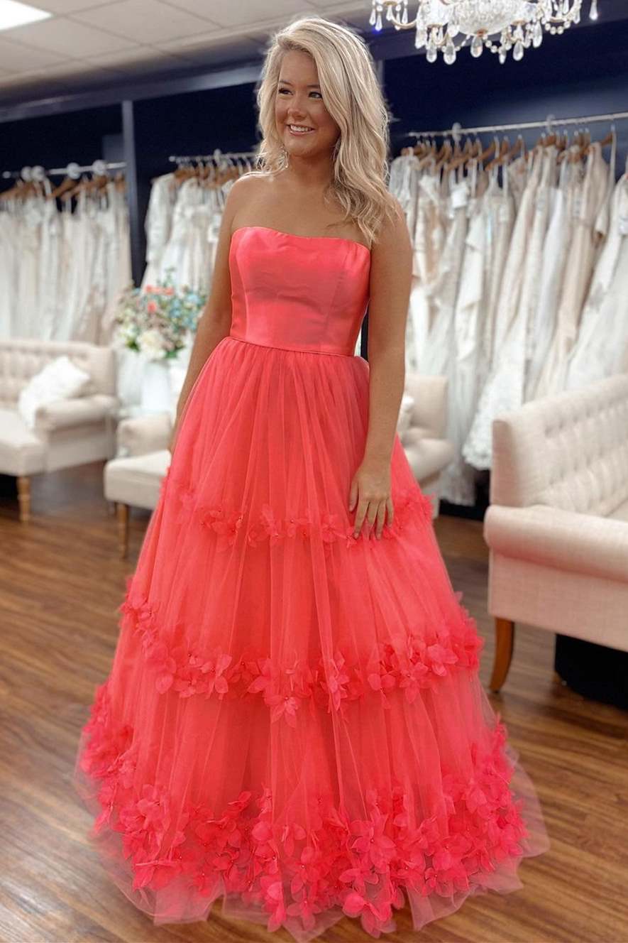 Princess Coral Pink Tulle Strapless Appliques Prom Gown
