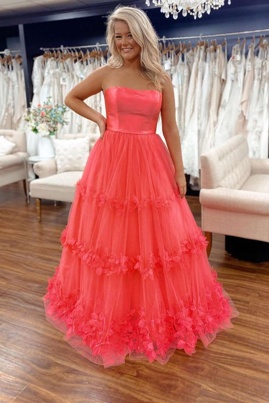 Princess Coral Pink Tulle Strapless Appliques Prom Gown Modsele Princess Coral Pink Tulle Strapless Appliques Prom Gown Modsele