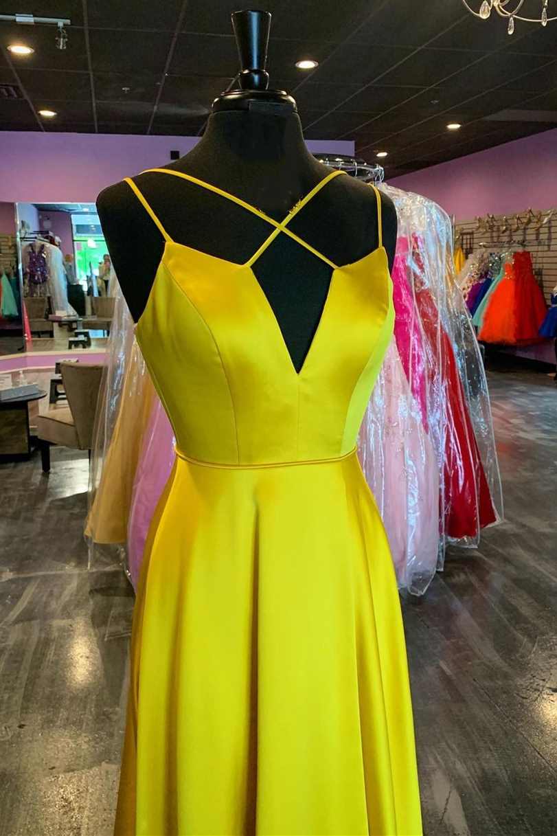 Yellow Satin Lace-Up Backless Long Formal Dress