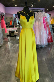 Yellow Satin Lace-Up Backless Long Formal Dress