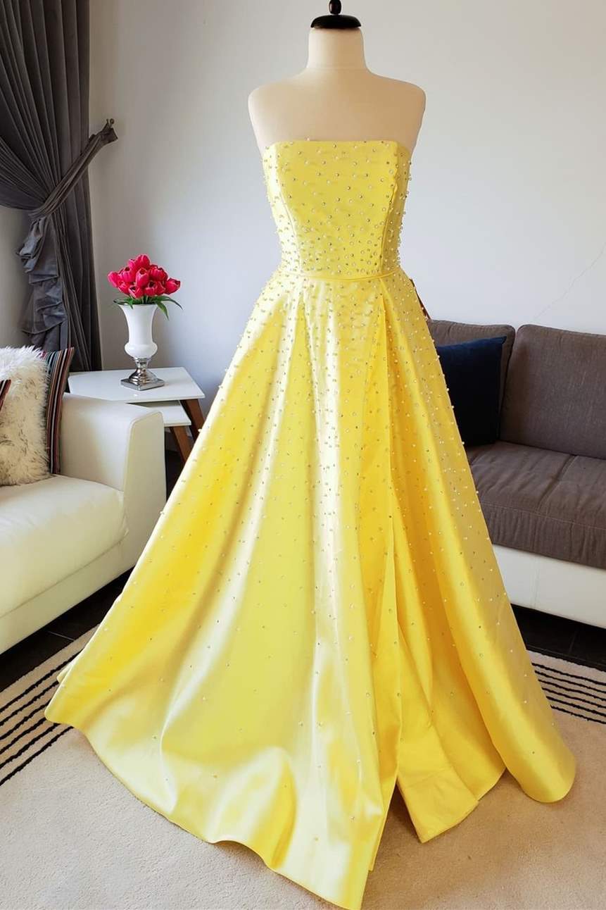 Yellow Satin Beaded Strapless A-line Prom Dress