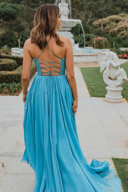 Blue Straps Appliques Lace-Up Back Prom Dress